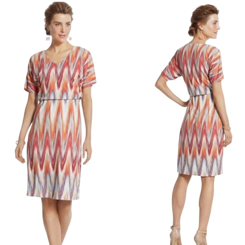 Chico’s NWT Ikat Print Multicolor Short Sleeve Dress Size Medium(Chico’s Size 1) - Picture 2 of 15